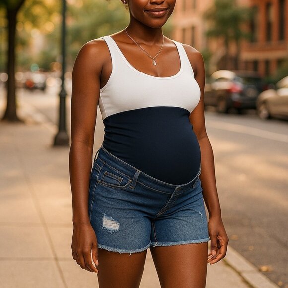TIME AND TRUE MATERNITY Jean Shorts M 8 10 Destructed Ripped Stretch Belly Band - Picture 1 of 10